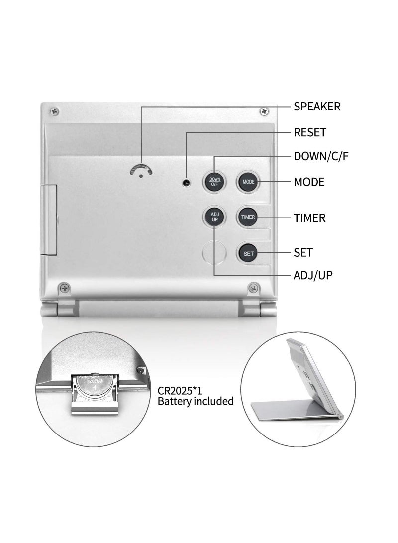 Digital Travel Alarm Clock, 2 Pcs Foldable Calendar Temperature Timer LCD Clock with Snooze Mode, Large Number Display, Battery Operated, Compact Desk Clock for All Ages (Silver) - Image 3