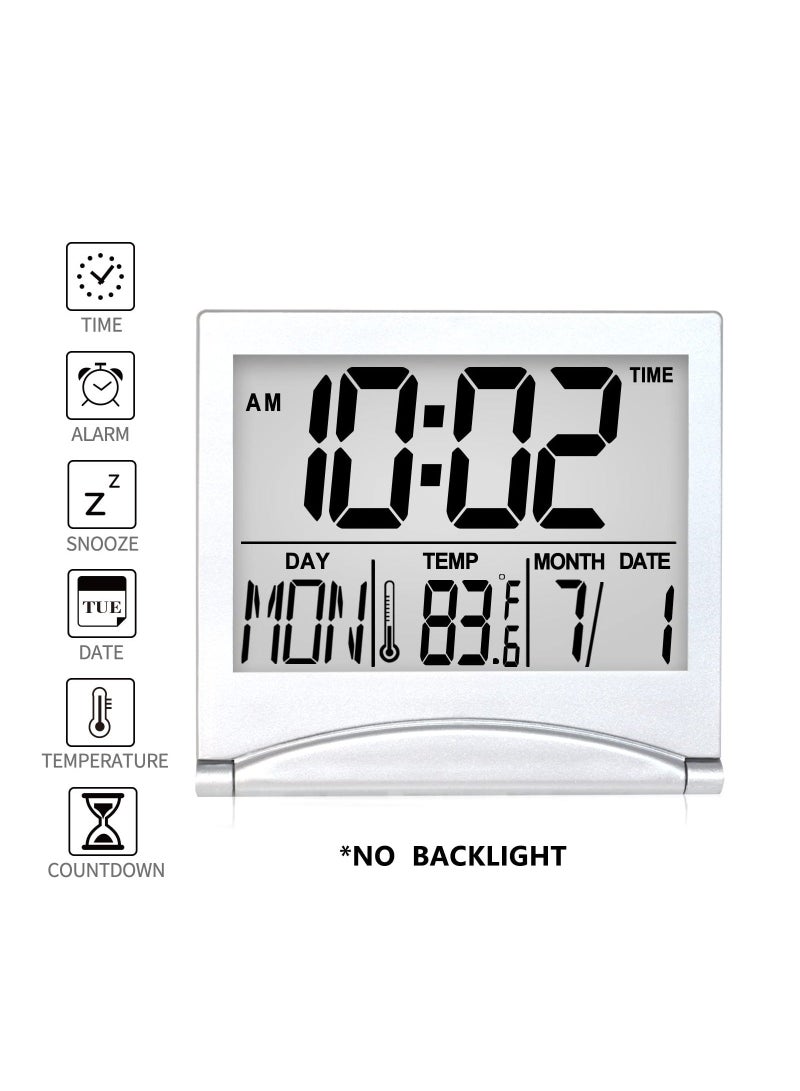 Digital Travel Alarm Clock, 2 Pcs Foldable Calendar Temperature Timer LCD Clock with Snooze Mode, Large Number Display, Battery Operated, Compact Desk Clock for All Ages (Silver) - Image 2