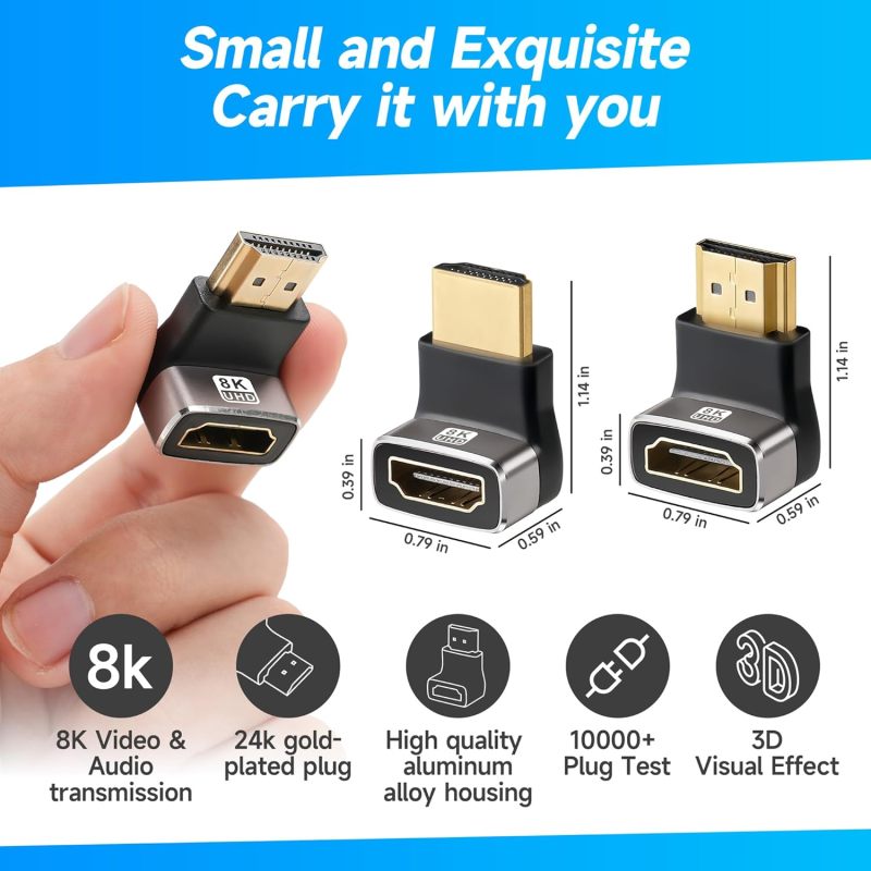 حزمة من 2 محولًا HDMI 2.1: رابط HDMI ذا قسم ذكر وإنثى بزاوية 90 و 270 درجة - يدعم إشارات دقيقة عالية الدقة 8K 60Hz و 4K 120Hz - تصميم صغير ومتين للأماكن الضيقة مثل تلفزيونات الجدر وسطوكات Roku و Chrome Cast - Image 4