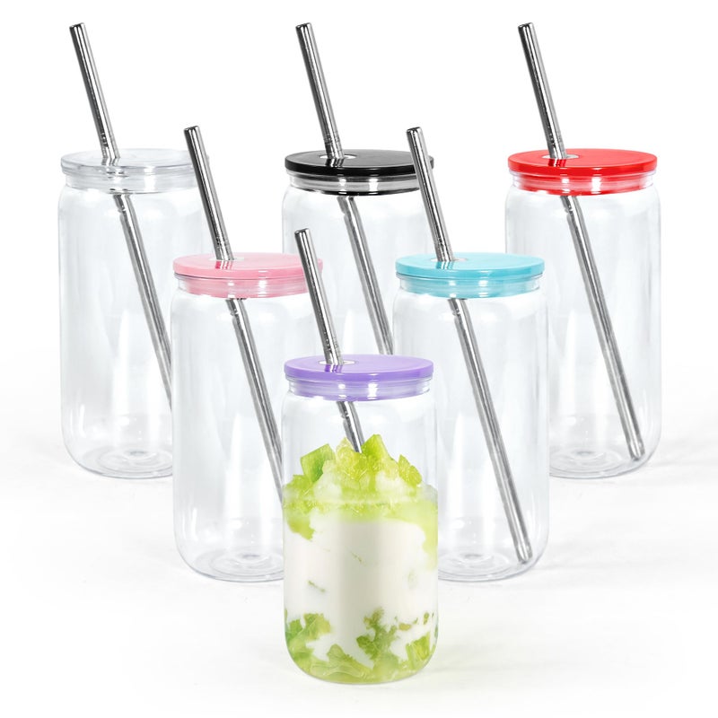 Icesip 16oz Acrylic Mason Jar Cups, Clear Cups with Colorful Lids and Straws, Iced Coffee Cup Drinking Glass Tumbler for Whiskey, Soda, Tea, Juice, Gift, 6pcs - Image 1
