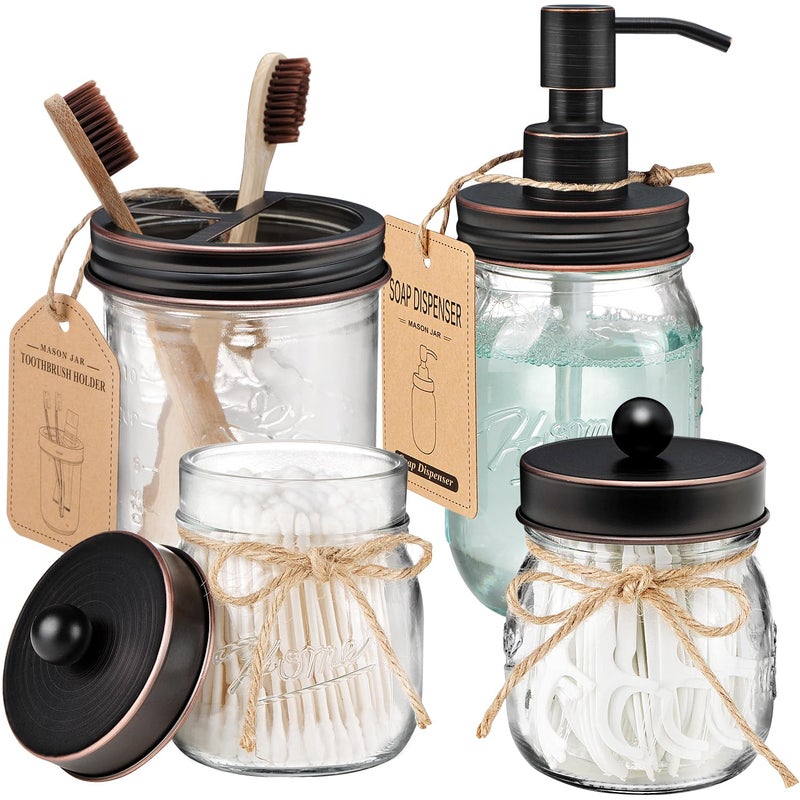 Amolliar Mason Jar Bathroom Accessories Set 4 Pcs Lotion Soap Dispenser 2 Qtip Holders Toothbrush Holder Rustic Farmhouse Decor Bathroom Home Decor Perfect Decorating Idea Oil Rubbed Bronze