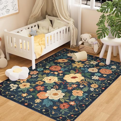 DUKINO 3x5 Area Rug Floral Rugs for Living Room Lightweight Non Slip Washable Rug Indoor Low Pile NonShedding Boho Design Rugs for Bedroom Living Room Dining Room Dark Blue - Image 1