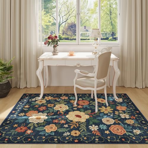 DUKINO 3x5 Area Rug Floral Rugs for Living Room Lightweight Non Slip Washable Rug Indoor Low Pile NonShedding Boho Design Rugs for Bedroom Living Room Dining Room Dark Blue - Image 3