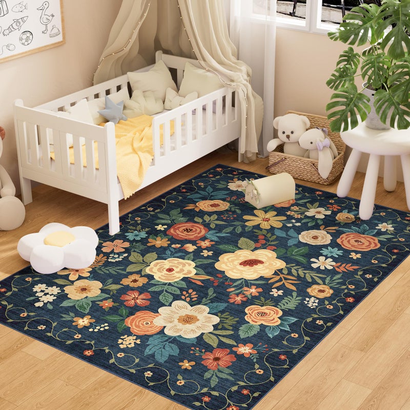 DUKINO 3x5 Area Rug Floral Rugs for Living Room Lightweight Non Slip Washable Rug Indoor Low Pile NonShedding Boho Design Rugs for Bedroom Living Room Dining Room Dark Blue - Image 2