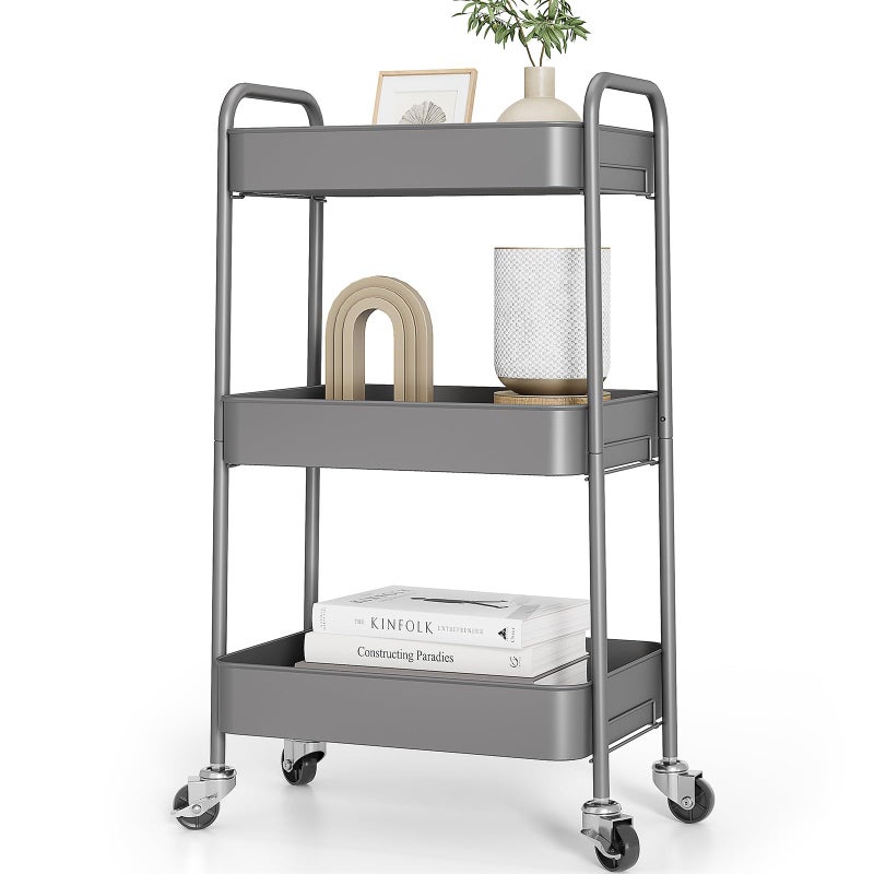 TOOLF 3Tier Metal Rolling Cart with Wheels Storage Utility Organizer Cart for Kitchen Bathroom Office Baby Essentials  Makeup  Lockable Casters Easy Assembly 132 lbs Capacity Gray