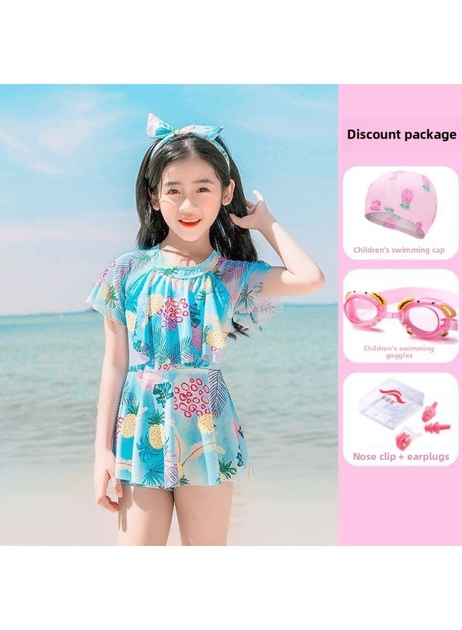 Loquat Parent-child Swimsuit Mother And Daughter One-piece Dress Swimsuit Girl Middle And Big Children Princess Cute Western Style Girl Swimsuit-Color:Children's Blue + Four-piece Set- - Image 1