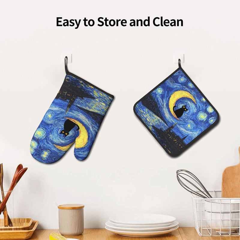 GTEVUTS Cute Van Gogh Starry Night Cats Oven Mitts Pot Holders,Heat Resistant Cooking Gloves Washable,Cute Cats Oven Gloves for Kitchen Baking BBQ, Set of 2,Cats Lovers Gift - Image 4