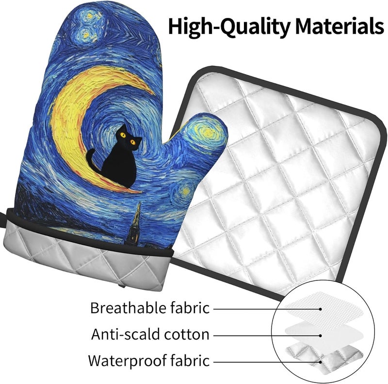GTEVUTS Cute Van Gogh Starry Night Cats Oven Mitts Pot Holders,Heat Resistant Cooking Gloves Washable,Cute Cats Oven Gloves for Kitchen Baking BBQ, Set of 2,Cats Lovers Gift - Image 3