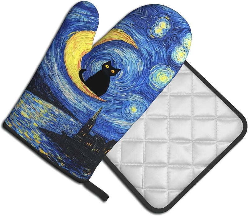 GTEVUTS Cute Van Gogh Starry Night Cats Oven Mitts Pot Holders,Heat Resistant Cooking Gloves Washable,Cute Cats Oven Gloves for Kitchen Baking BBQ, Set of 2,Cats Lovers Gift - Image 2