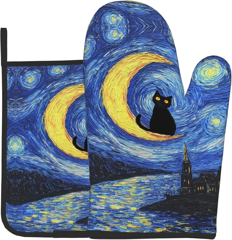 GTEVUTS Cute Van Gogh Starry Night Cats Oven Mitts Pot Holders,Heat Resistant Cooking Gloves Washable,Cute Cats Oven Gloves for Kitchen Baking BBQ, Set of 2,Cats Lovers Gift - Image 1