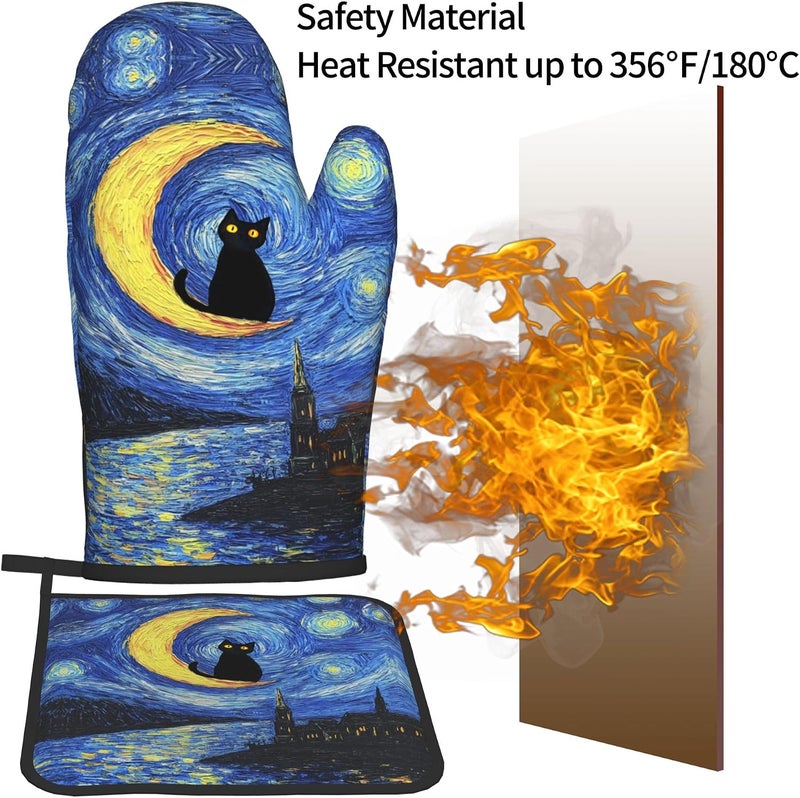 GTEVUTS Cute Van Gogh Starry Night Cats Oven Mitts Pot Holders,Heat Resistant Cooking Gloves Washable,Cute Cats Oven Gloves for Kitchen Baking BBQ, Set of 2,Cats Lovers Gift - Image 5