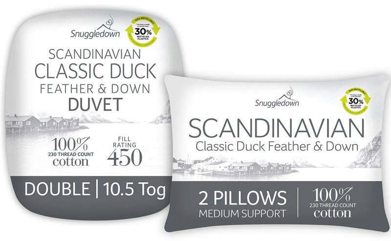 Snuggledown Duck Feather  Down Double Duvet 105 Tog  2 Pillows  Natural Fill AllSeason Quilt with 85 Feather 15 Down  230TC Cotton Cover Box Stitched UKMade Machine Washable 200 x 200cm