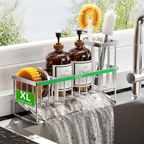 Cisily Extra Large Silver Kitchen Sink Caddy Organzier with High Brush Holder Sponge Holder for Sink 304 Rustproof Stainless Kitchen Countertop Soap Dispenser Organizer For Decor and Accessories - Image 1