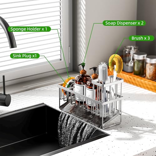 Cisily Extra Large Silver Kitchen Sink Caddy Organzier with High Brush Holder Sponge Holder for Sink 304 Rustproof Stainless Kitchen Countertop Soap Dispenser Organizer For Decor and Accessories - Image 3