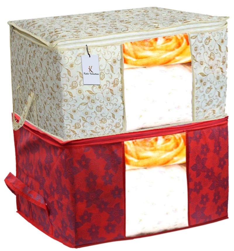 Kuber Industries Kuber Industries Metalic Printed 2 Piece Non Woven Fabric Underbed Storage BagCloth OrganiserBlanket Cover with Transparent Window Brown Red CTKTC41054 - Image 1