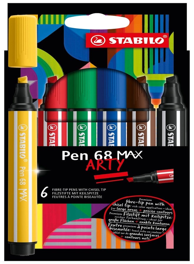 STABILO Pen 68 MAX - ARTY - Premium Fibre-Tip Pen with Chisel Tip - Pack of 6 - Assorted Colours - Image 1