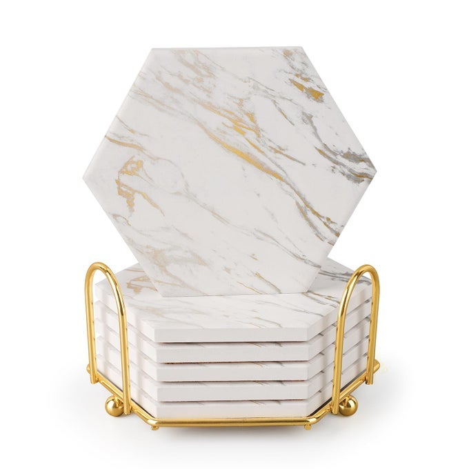 Marble Coasters for Drinks Absorbent with Cork Base 6pcs Drink Coasters for Wooden Table with Metal Holder Gold Ceramic Cup Coaster Set Home Decor for Housewarming Luxury White Gold Marble 07