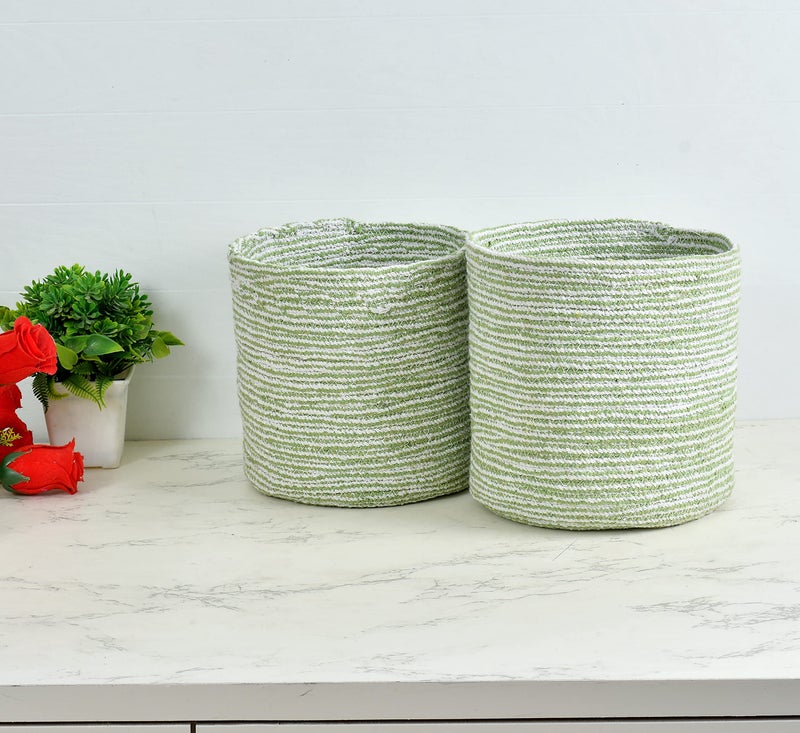 LaVichitra Braided Cotton Baskets | Storage Bins Organizer | Laundry, Toys & Planter Basket- Set of 2 (8 Inch), Green - Image 1