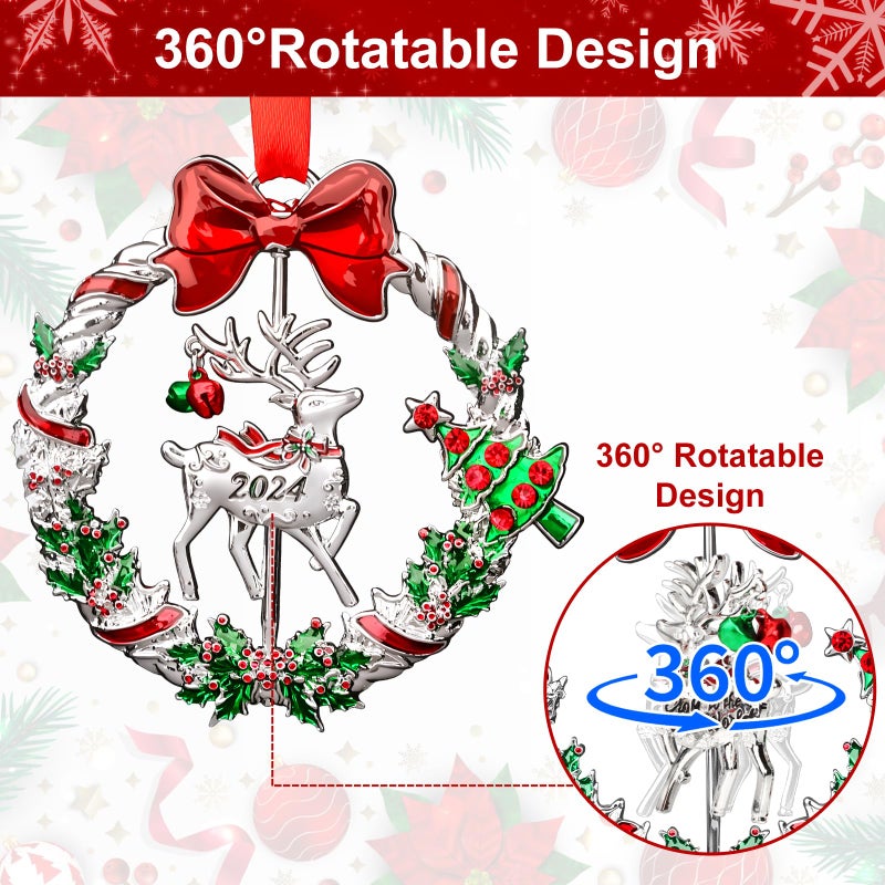 gobutend Christmas Ornament 2024 for Christmas Tree Hanging Decorations  Christmas Wreath Ornament with Rotatable Reindeer  Dated 2024 Metal Xmas Ornament for Holiday Decorative Keepsake Gift - Image 3