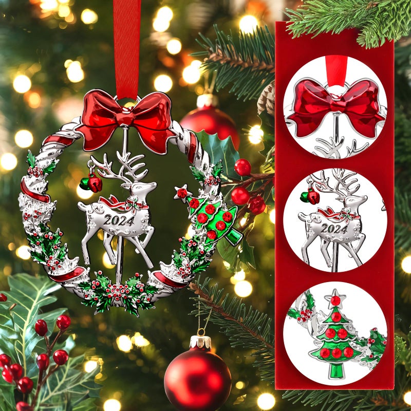 gobutend Christmas Ornament 2024 for Christmas Tree Hanging Decorations  Christmas Wreath Ornament with Rotatable Reindeer  Dated 2024 Metal Xmas Ornament for Holiday Decorative Keepsake Gift - Image 4