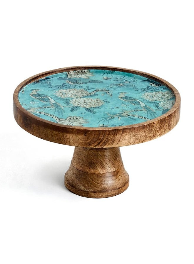 SAAGA Artisan Mango Wood Cake Stand - Decorative Printed Dessert Platter for Serving Cakes, Pastries & More - 10x4.25 Inch, Brown & Blue - Image 1