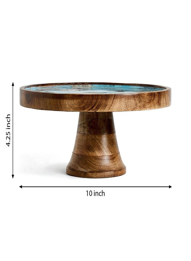 SAAGA Artisan Mango Wood Cake Stand - Decorative Printed Dessert Platter for Serving Cakes, Pastries & More - 10x4.25 Inch, Brown & Blue - Image 2