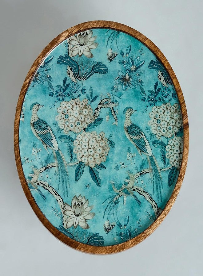 SAAGA Artisan Mango Wood Cake Stand - Decorative Printed Dessert Platter for Serving Cakes, Pastries & More - 10x4.25 Inch, Brown & Blue - Image 5