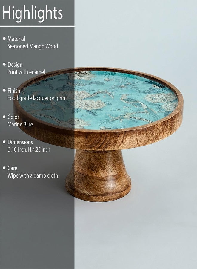 SAAGA Artisan Mango Wood Cake Stand - Decorative Printed Dessert Platter for Serving Cakes, Pastries & More - 10x4.25 Inch, Brown & Blue - Image 3