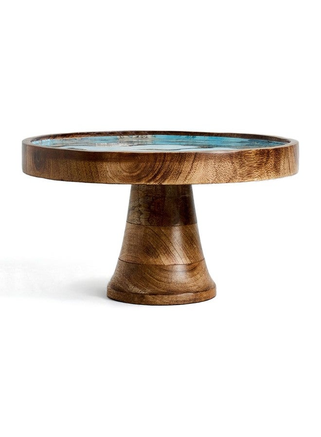 SAAGA Artisan Mango Wood Cake Stand - Decorative Printed Dessert Platter for Serving Cakes, Pastries & More - 10x4.25 Inch, Brown & Blue - Image 4