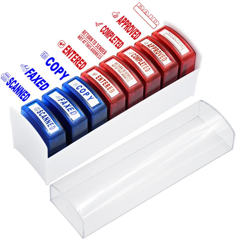 Bertiveny Self Inking Office Stamp Set for Approved Paid Completed Copy Faxed Scanned Stamps Rubber Business Stamp 8 PCS with Plastic Tray Message Account Stamp Paper Work Text Ink Stampers