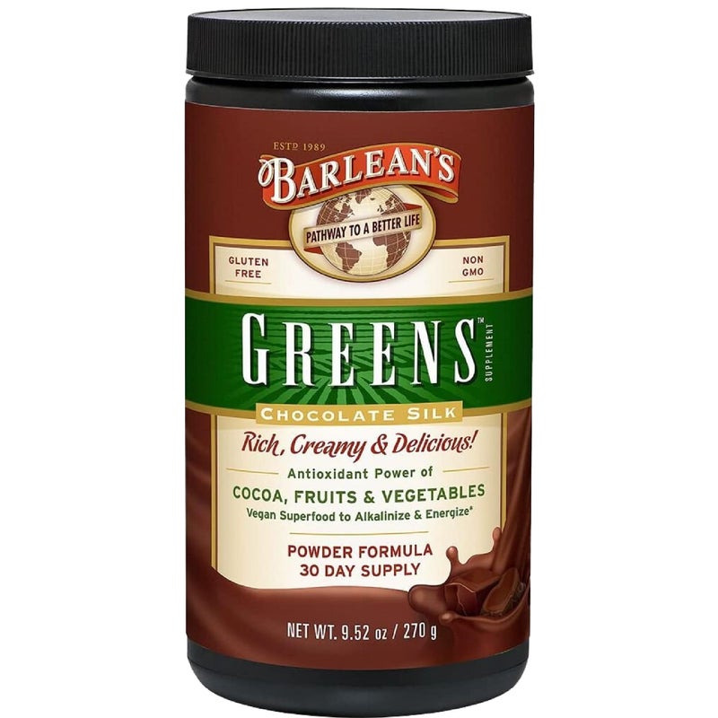 Barlean's Chocolate Greens Powder, Daily Fruit and Vegetable Superfood Supplement, Green Antioxidant Blend and Fiber Smoothie Drink Mix, 9.52 oz - Image 1