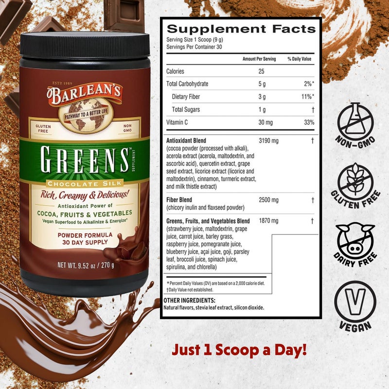 Barlean's Chocolate Greens Powder, Daily Fruit and Vegetable Superfood Supplement, Green Antioxidant Blend and Fiber Smoothie Drink Mix, 9.52 oz - Image 2