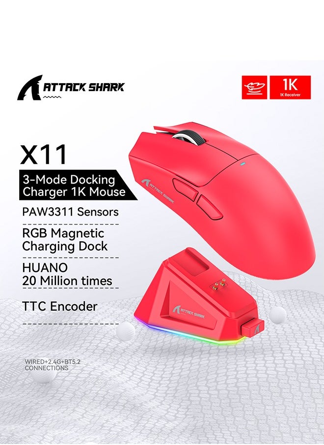 Attack Shark X11 Lightweight Wireless Gaming Mouse with RGB Charging Dock,Tri-Mode-2.4G/USB-C Wired/BT,22K DPI,PAW3311 Optical Sensor,HUYU Switch, 5 programmable Buttons for PC/Mac(Red)  - Image 2