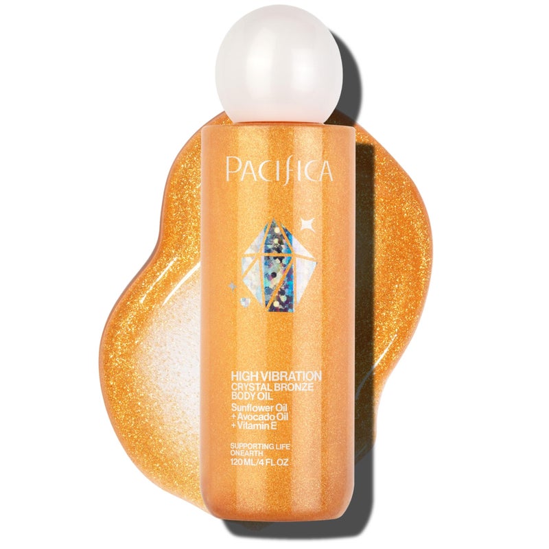 Pacifica Bronzing Body Oil | Crystal Bronze Shimmering Oil, Sparkly Hydrating and Nourishing Shimmer Scented Bronzing Drops, Vanilla, Coconut | Vegan and Cruelty Free