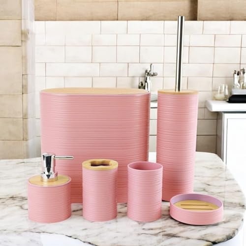 HOME CUBE Bamboo,Plastic 6 Pcs Bathroom Accessory Set,Includes Soap Dispenser,Mouth Wash Cup,Toothbrush Holder,Soap Dish,Toilet Brush with Holder & Dustbin for Home Kitchen & Bathroom Essential(Pink) - Image 1