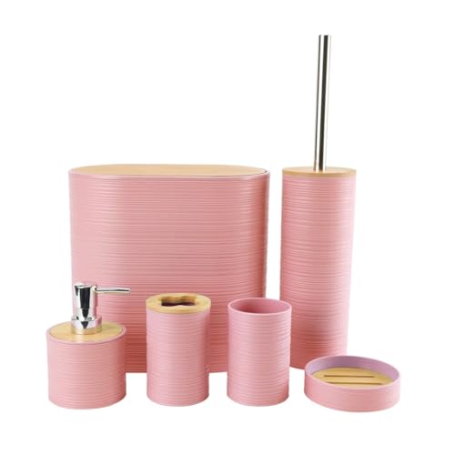 HOME CUBE Bamboo,Plastic 6 Pcs Bathroom Accessory Set,Includes Soap Dispenser,Mouth Wash Cup,Toothbrush Holder,Soap Dish,Toilet Brush with Holder & Dustbin for Home Kitchen & Bathroom Essential(Pink) - Image 5