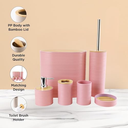 HOME CUBE Bamboo,Plastic 6 Pcs Bathroom Accessory Set,Includes Soap Dispenser,Mouth Wash Cup,Toothbrush Holder,Soap Dish,Toilet Brush with Holder & Dustbin for Home Kitchen & Bathroom Essential(Pink) - Image 2