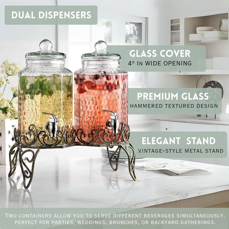 MosJos Classic Hammered Glass Beverage Dispenser with Elegant Stand (Set of 2), 1 Gallon Glass Drink Dispenser with Stand & Spigot, Party Drink Dispensers for Lemonade, Punch, Water, Juice - Image 3