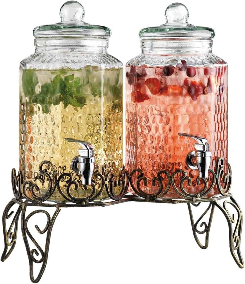 MosJos Classic Hammered Glass Beverage Dispenser with Elegant Stand (Set of 2), 1 Gallon Glass Drink Dispenser with Stand & Spigot, Party Drink Dispensers for Lemonade, Punch, Water, Juice - Image 5