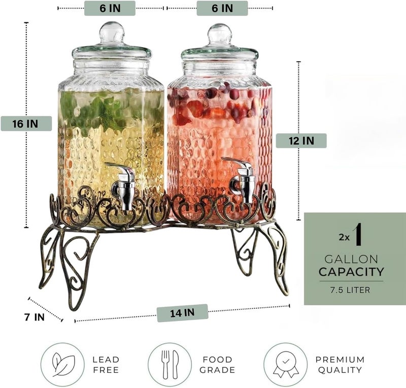 MosJos Classic Hammered Glass Beverage Dispenser with Elegant Stand (Set of 2), 1 Gallon Glass Drink Dispenser with Stand & Spigot, Party Drink Dispensers for Lemonade, Punch, Water, Juice - Image 4