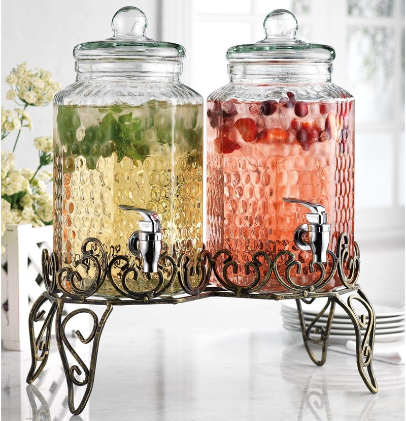 MosJos Classic Hammered Glass Beverage Dispenser with Elegant Stand (Set of 2), 1 Gallon Glass Drink Dispenser with Stand & Spigot, Party Drink Dispensers for Lemonade, Punch, Water, Juice - Image 1