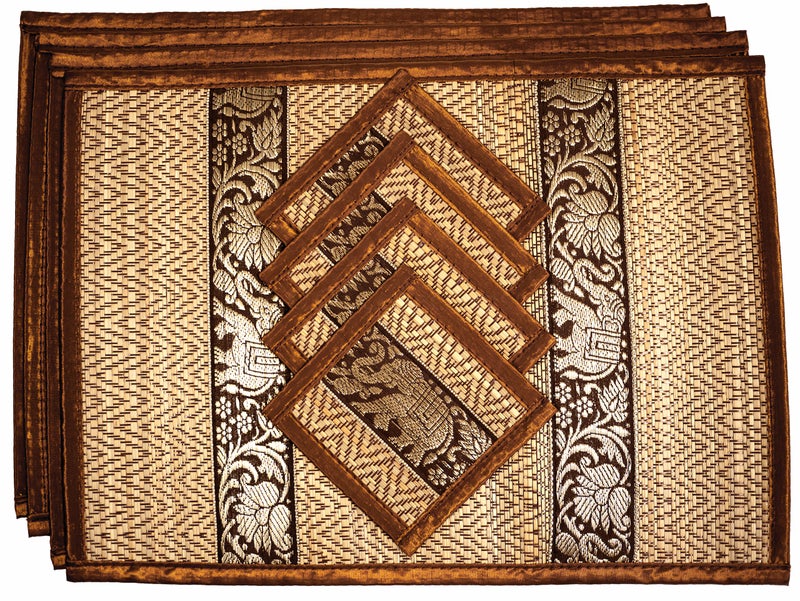 CCcollections Hand-Woven Wicker Reed Placemats Coaster Set Eco-Friendly Alternative to Plastic Heat Resistant Thai Style Durable Easy to Clean for Dining Table Set of 4 (Medium  Dark Gold) - Image 1