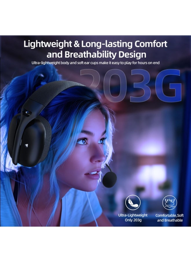 L80PRO Wireless Gaming Headset Lightseed Tech-Built-in&Detachable Dual Microphone-Lightweight Headphone with Tri-Mode(2.4GHz USB C&A Dongle/BT/Wired)-for PC Mac Switch Win-Black