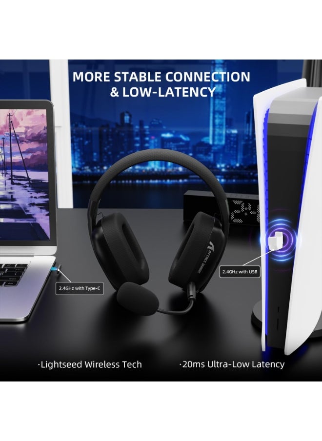 L80PRO Wireless Gaming Headset Lightseed Tech-Built-in&Detachable Dual Microphone-Lightweight Headphone with Tri-Mode(2.4GHz USB C&A Dongle/BT/Wired)-for PC Mac Switch Win-Black