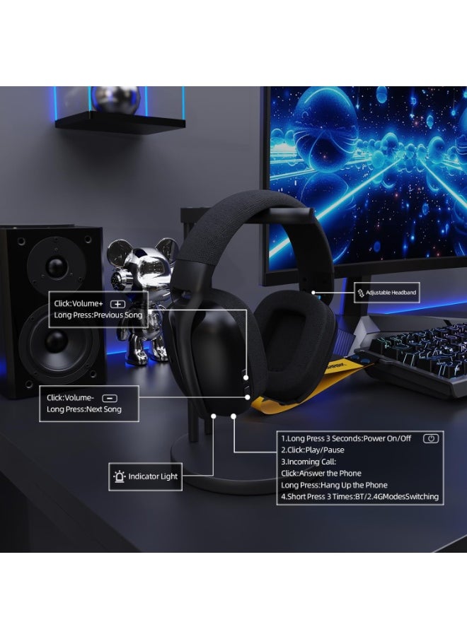 L80PRO Wireless Gaming Headset Lightseed Tech-Built-in&Detachable Dual Microphone-Lightweight Headphone with Tri-Mode(2.4GHz USB C&A Dongle/BT/Wired)-for PC Mac Switch Win-Black