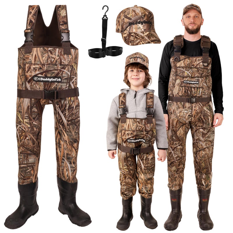 DaddyGoFish Neoprene Chest Waders for Kids and Adults, BootFoot, Fishing & Hunting with a Camouflage Caps, and a Wader Hanger - Image 1