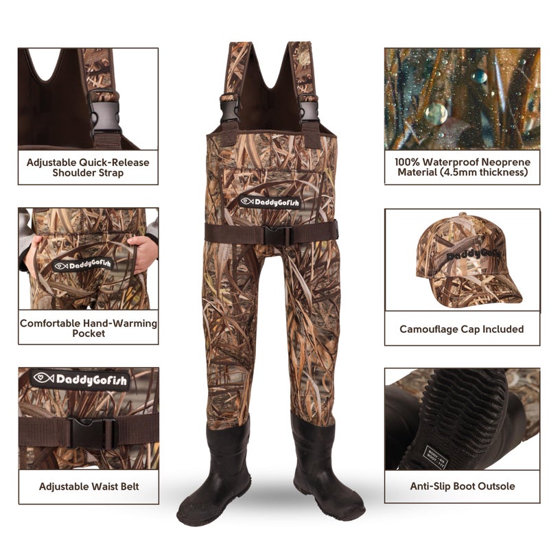 DaddyGoFish Neoprene Chest Waders for Kids and Adults, BootFoot, Fishing & Hunting with a Camouflage Caps, and a Wader Hanger - Image 2
