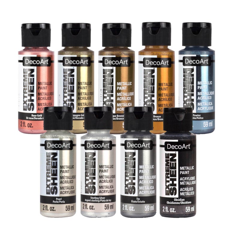 DecoArt Extreme Sheen Metallics Acrylic Paint Set Starter Set of 9 Bottles 2 fl oz Premium Art and Craft Metallic Paints - Image 2