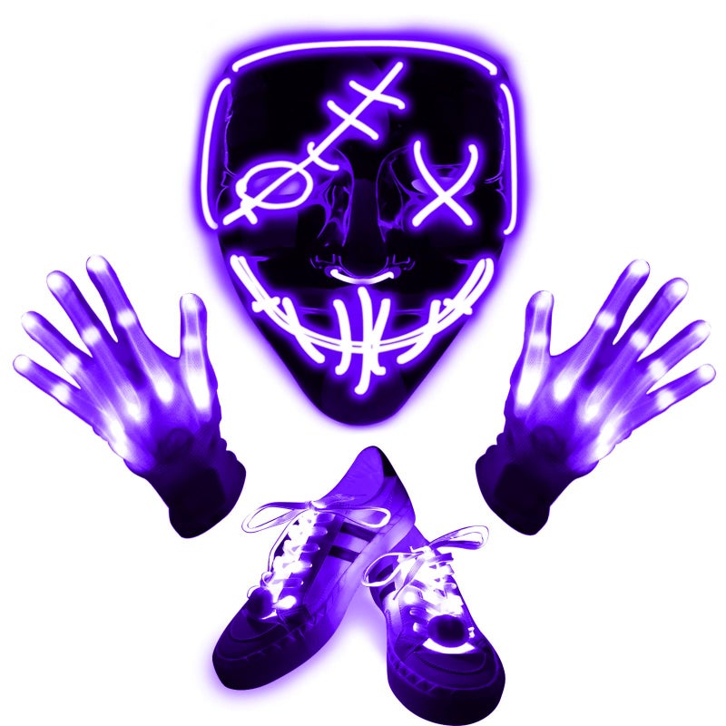 Camlinbo 3 Set Halloween LED Mask Light Up Gloves and Glow Shoelaces Scary Mask Halloween Costume Cosplay Party for Adults Kid 