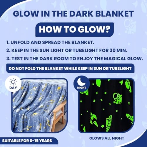 TONY STARK ULTRAAGLOW Glow in The Dark Blanket for Kids (0-15 Years, 200x152 Cm) Soft Flannel Fleece Throw, Cozy & Warm All-Season Radium Blanket for Boys & Girls – (UFO & Astronaut) - Image 2